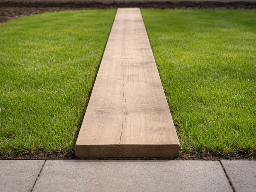 Jonge grasmat in een stille tuin met een plank als looproute om het gras te ontzien