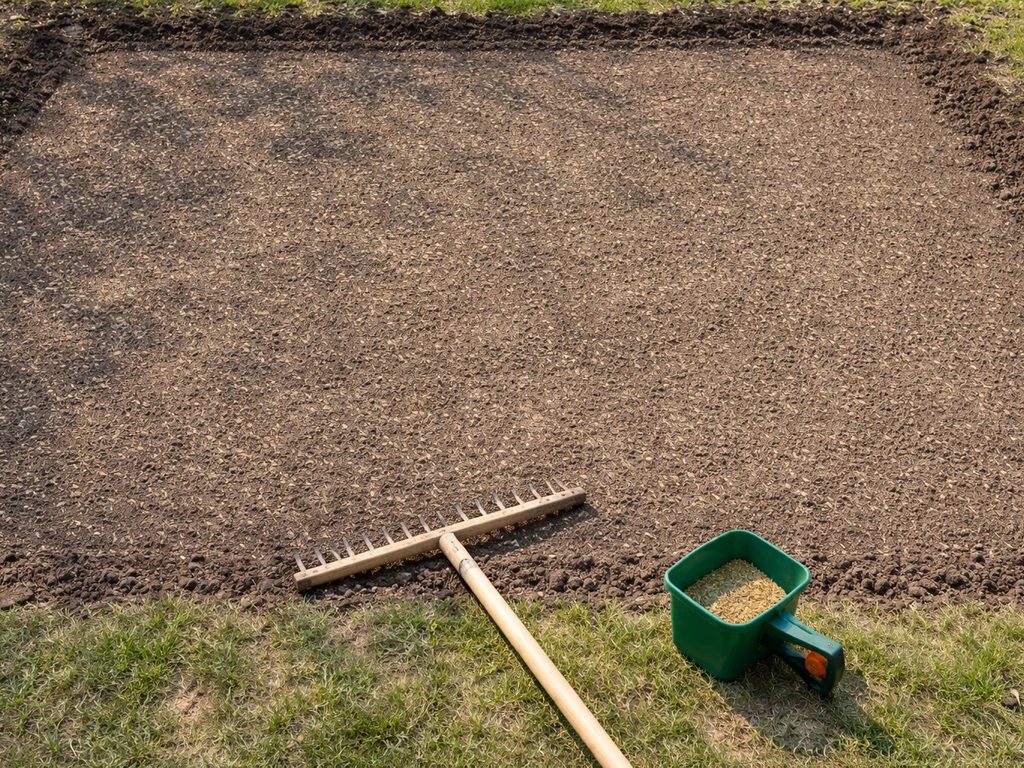 Bovenaanzicht van een nieuw ingezaaid gazon met harken en een strooiertje op een zonnige Nederlandse tuinbodem.
