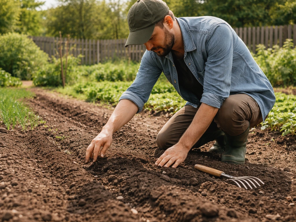 Anonieme tuinder bereidt een zaaibed en zaait in een rustige Nederlandse moestuin met zonlicht.