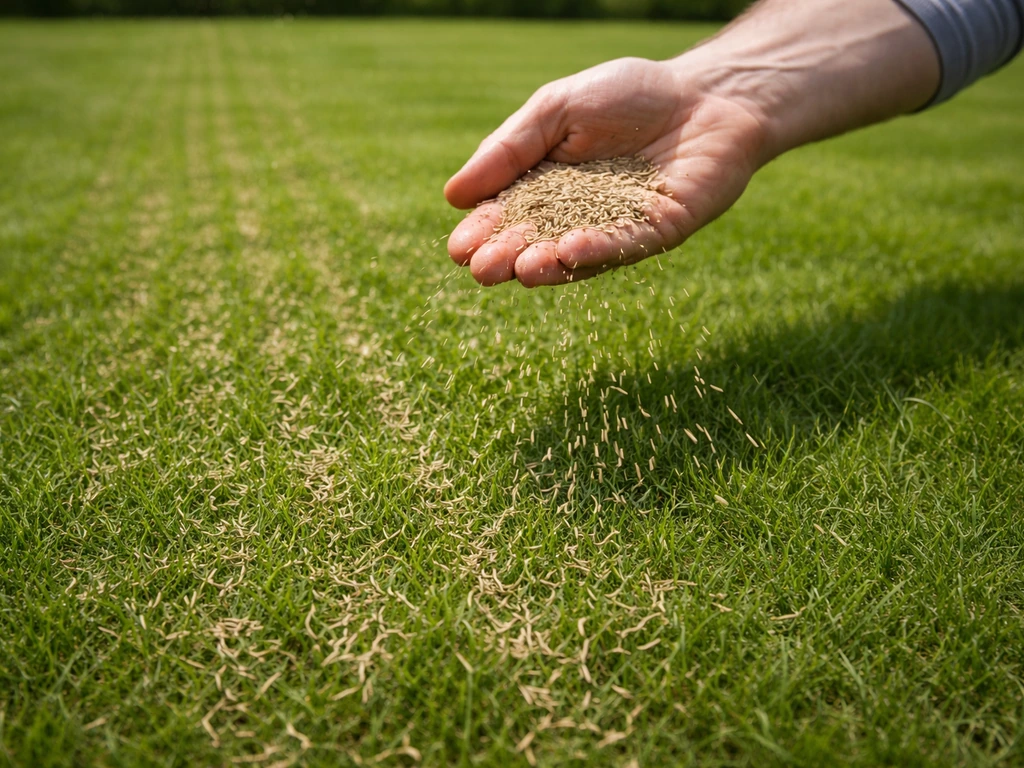 Hand strooit graszaad gelijkmatig over gazon in twee richtingen, minimalistische tuinsetting