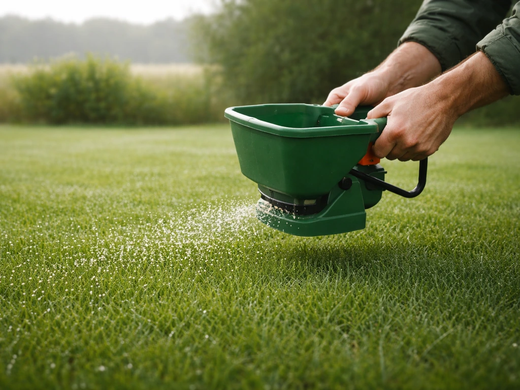 Een tuinman die op een bewolkte ochtend met een handstrooier gelijkmatig voorjaarsmest over het gazon verdeelt.
