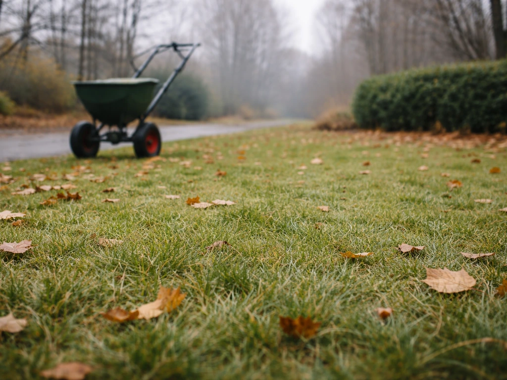 Nederlands gazon met strooier op de achtergrond in herfst/winterstop-sfeer, zonder personen in beeld.