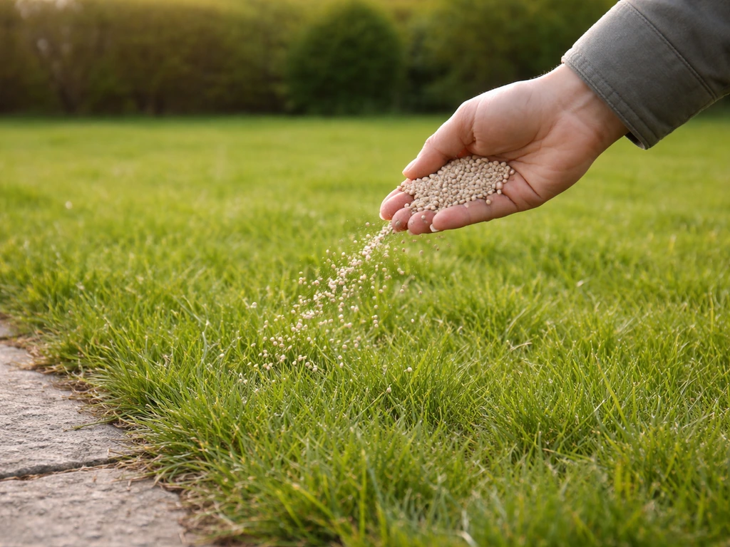 Hand strooit korrelige gazonmest over het gras in een rustige Nederlandse tuin in het voorjaar.