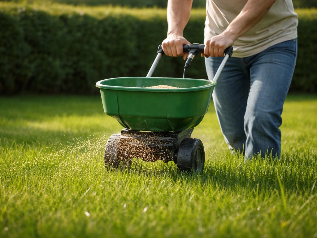 Iemand strooit voorjaarsmest op een gazon met fris, groen groeiend gras in gelijkmatige banen.