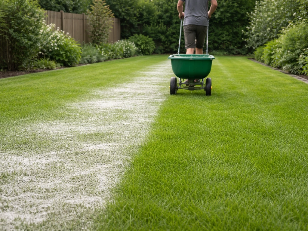 Groen gazon in NL met strooier die kalk strooit langs een afgebakende zone voor veilige bemesting.