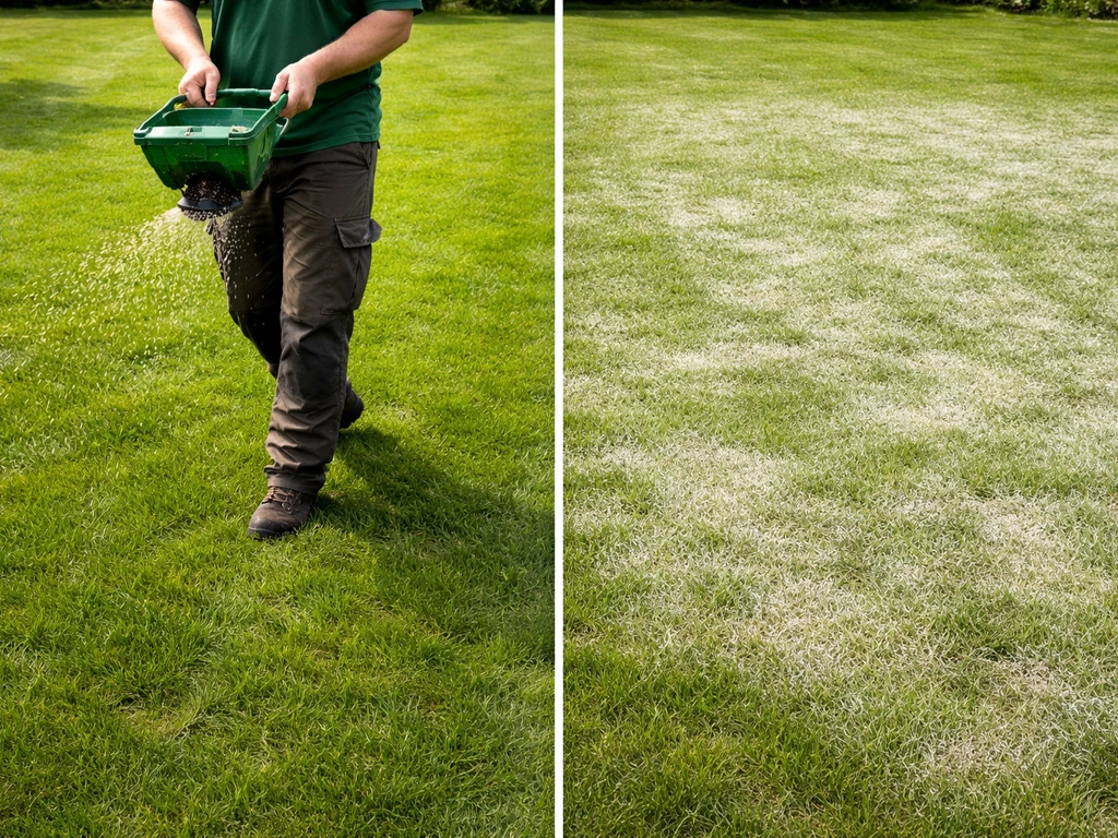Bodemkalk en daarna bemesting op hetzelfde gazon, met anonieme tuinier en duidelijke voor-na volgorde.