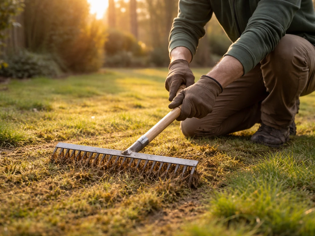 Tuinier trekt in het voorjaar een verticuteerhark over het gazon, met frisse lentekleuren en groeigebied.