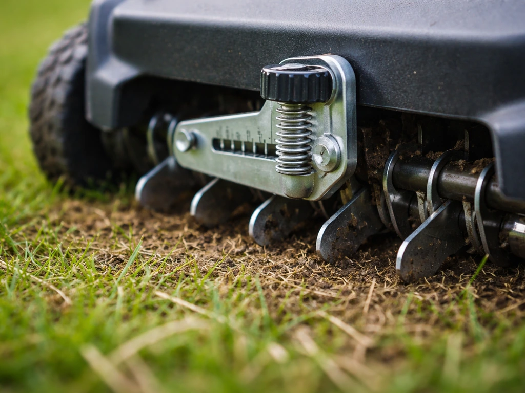 Close-up van verticuteerder met stelring voor snijdiepte en messen net boven de bodem