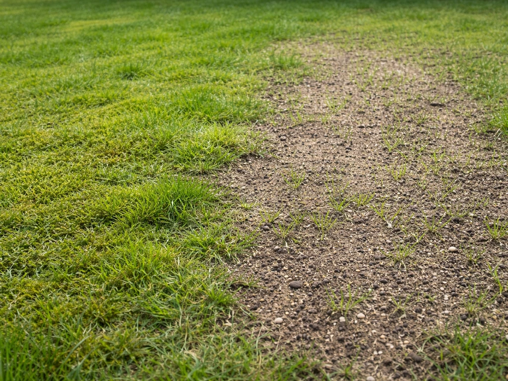 Gazonsituatie met mos dat terugkomt en een kale doorgezaaide reparatieplek naast beginnende grasgroei.