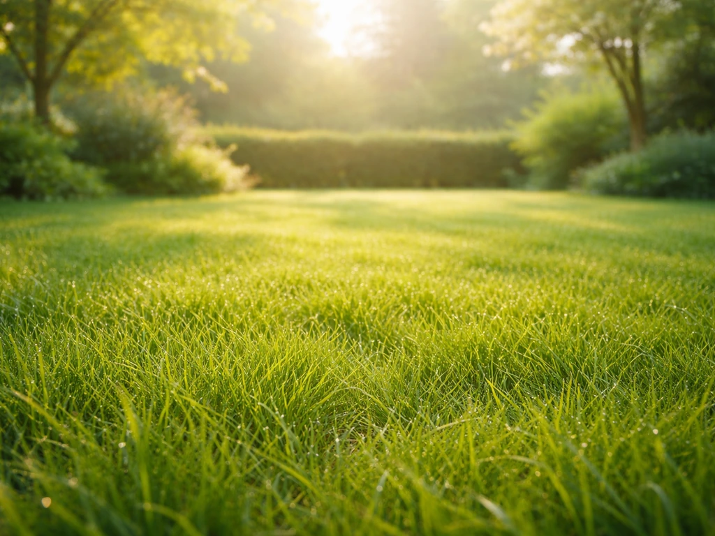 Gezond, dicht groen gazon in zacht ochtendlicht, met een rustige tuin als achtergrond.