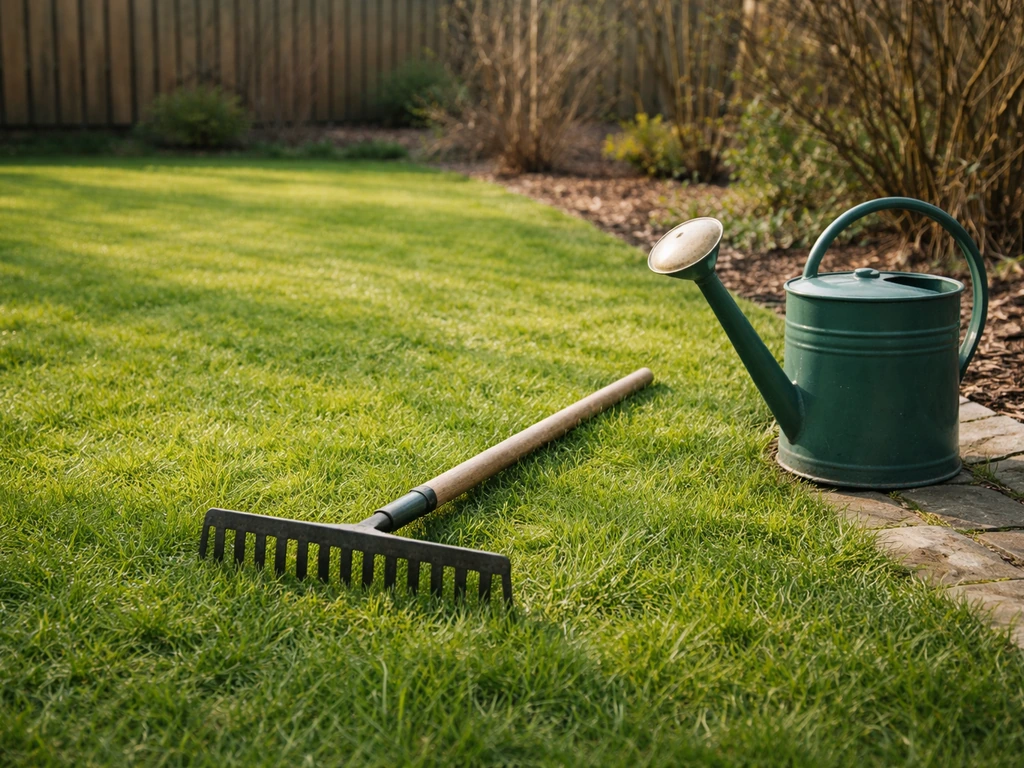 Landelijk tuinzicht met lege gazonstrook en een tuinhark en gieter, die seizoensonderhoud symboliseren.