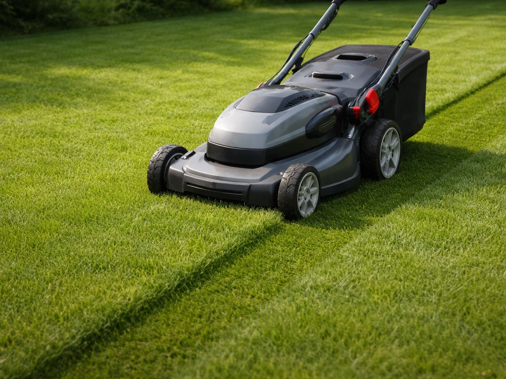 Gronde grasmaaier maait een strak siergazon, met uniforme maaisnede rond 3–4 cm.