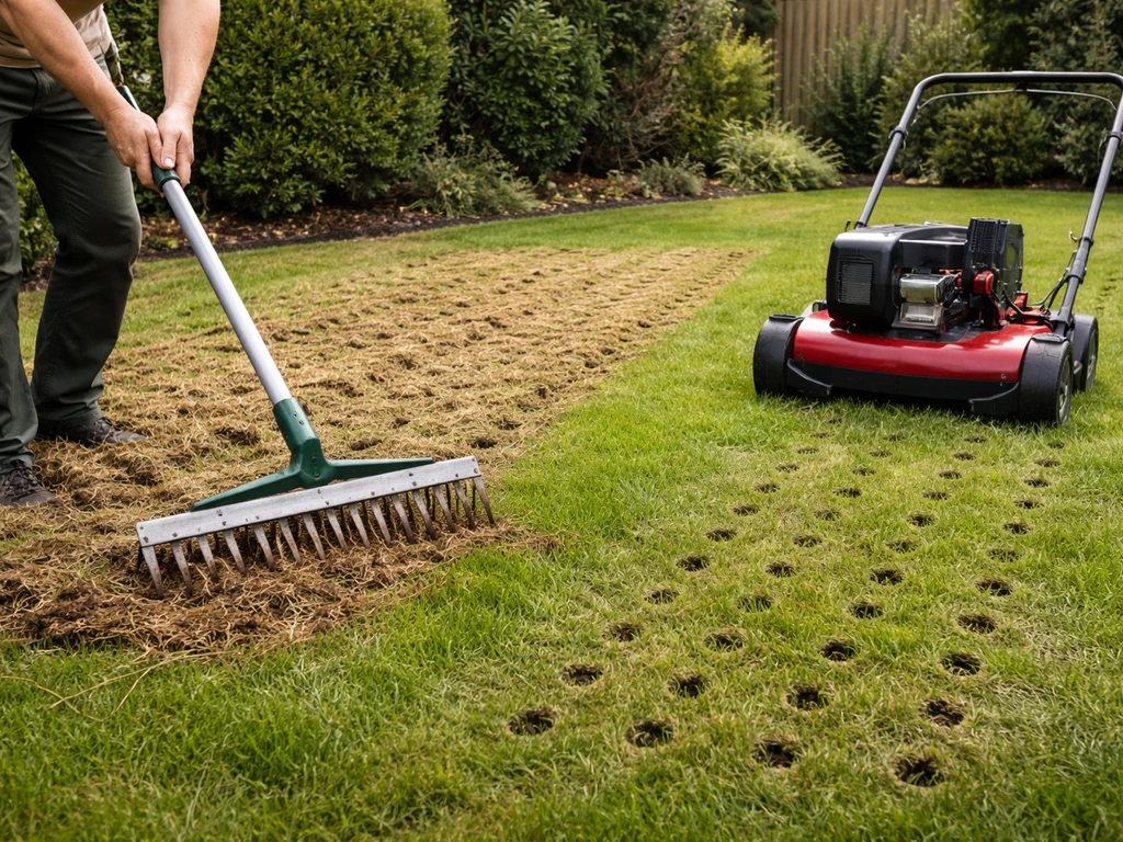 Tuinier met verticuteerhark en beluchtingspennen op gazon, vilt en open gaten in de grasmat