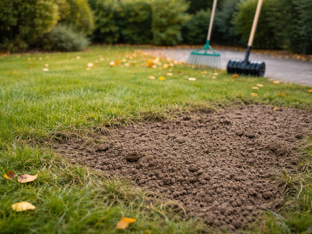 Herfstklaar gazon in Nederland met op de achtergrond hark en beluchter, bladeren op afstand en voorbereid gras.
