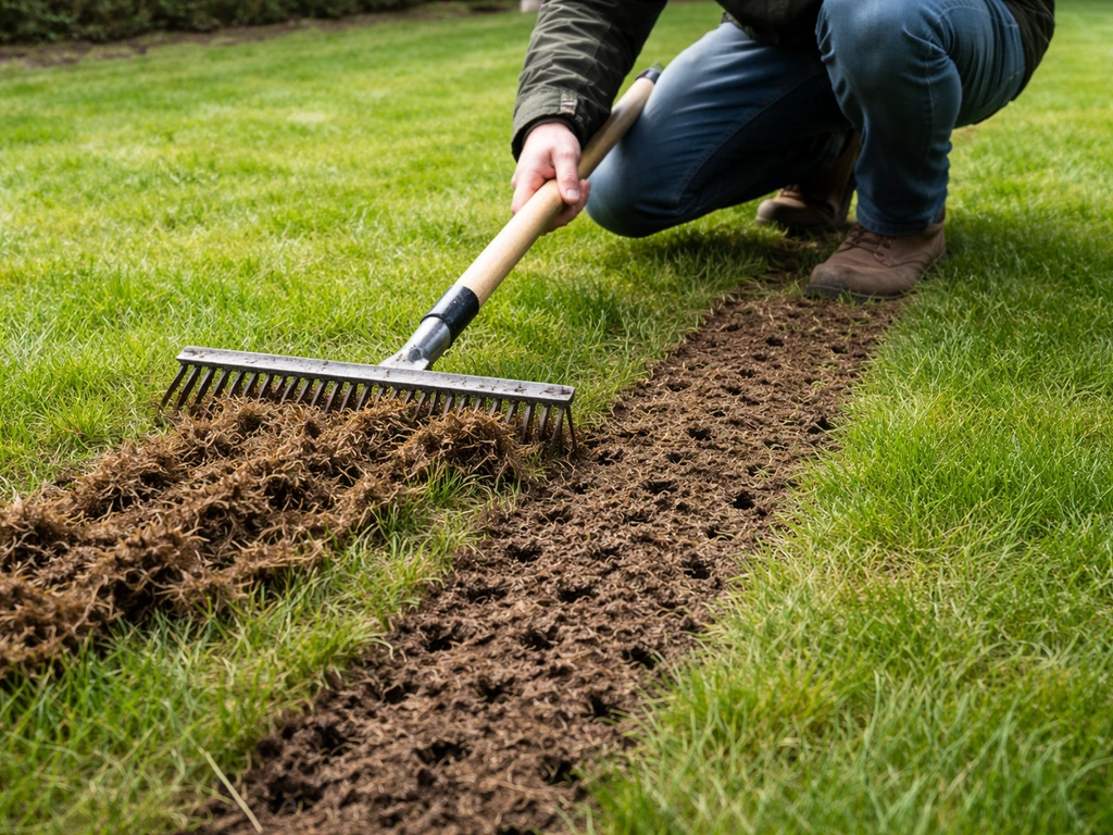 Tuinier verticuteert een gazon met een verticuteurhark; daarna zichtbare beluchtingsgaten in de zode.