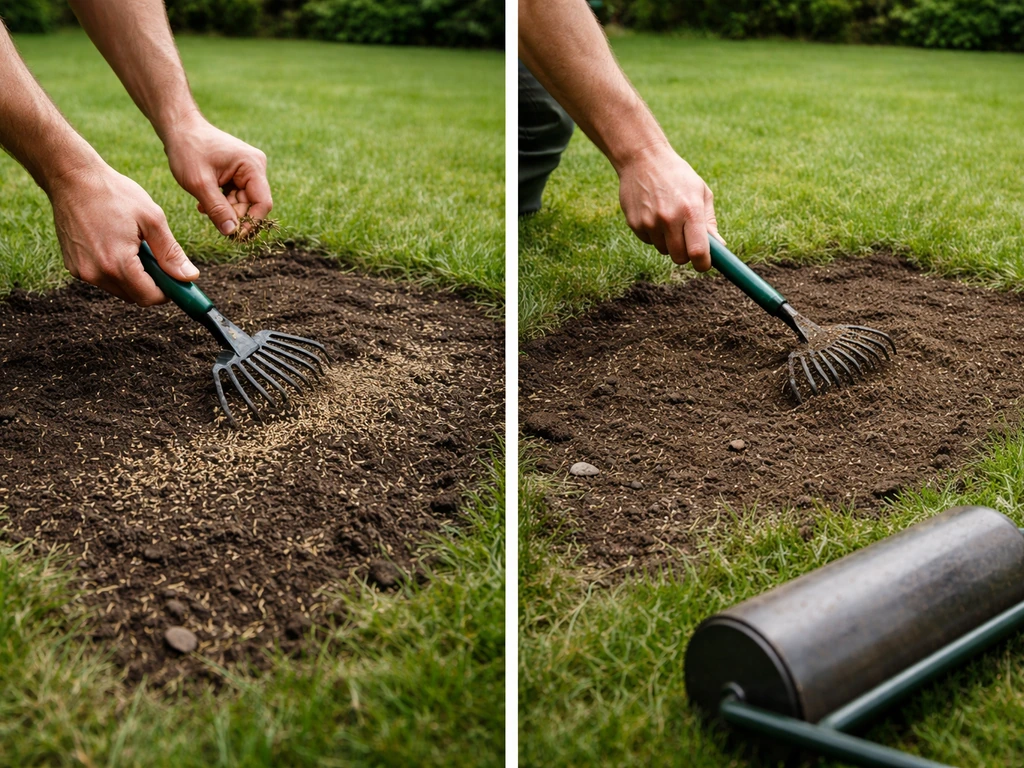 Handen die kale grasplek openharken en graszaad inzaaien met lichte afwerking in het gazon.