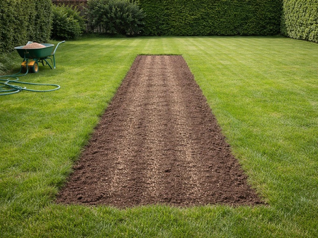 Bestaand gazon met een afgegrensde voorbereide strook waar net graszaad is ingezaaid en licht ingewerkt.