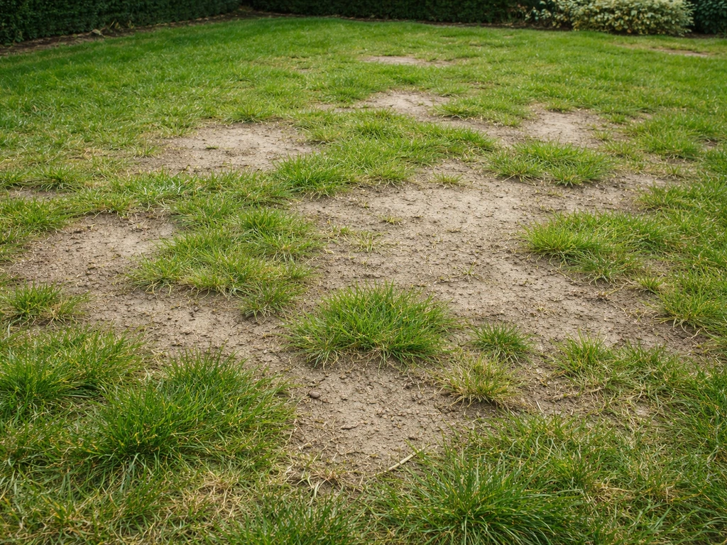 Gazon met zichtbare kale vlekken en dunne, ongelijk groeiende grasstroken als voorbeeld voor bijzaaien.