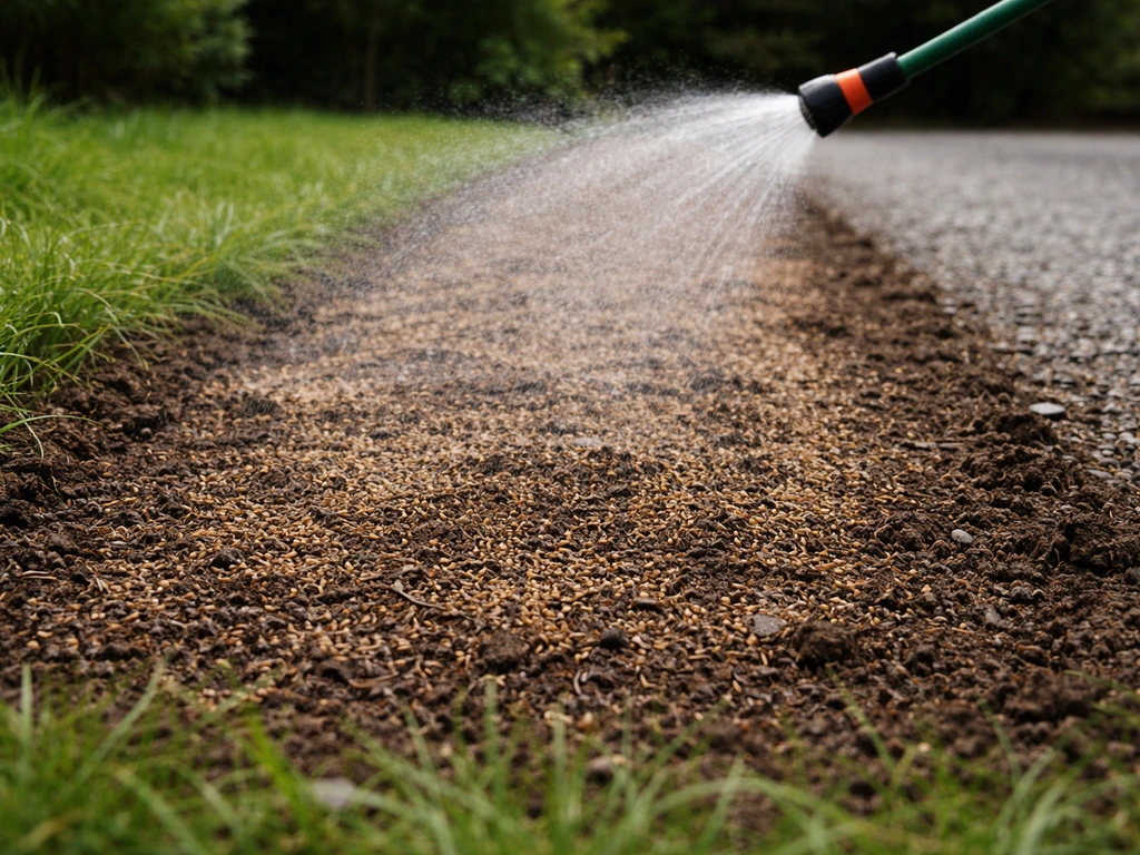 Nieuw ingezaaide grasstrook die gelijkmatig wordt bewaterd met een fijne sproeikop, zonder wegspoelen.