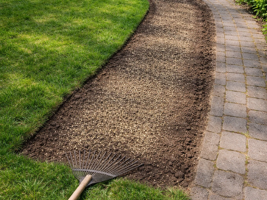 Bovenaanzicht van een Nederlands gazon met ingezaaide strook en een lichte harkschaaf op kale plekken