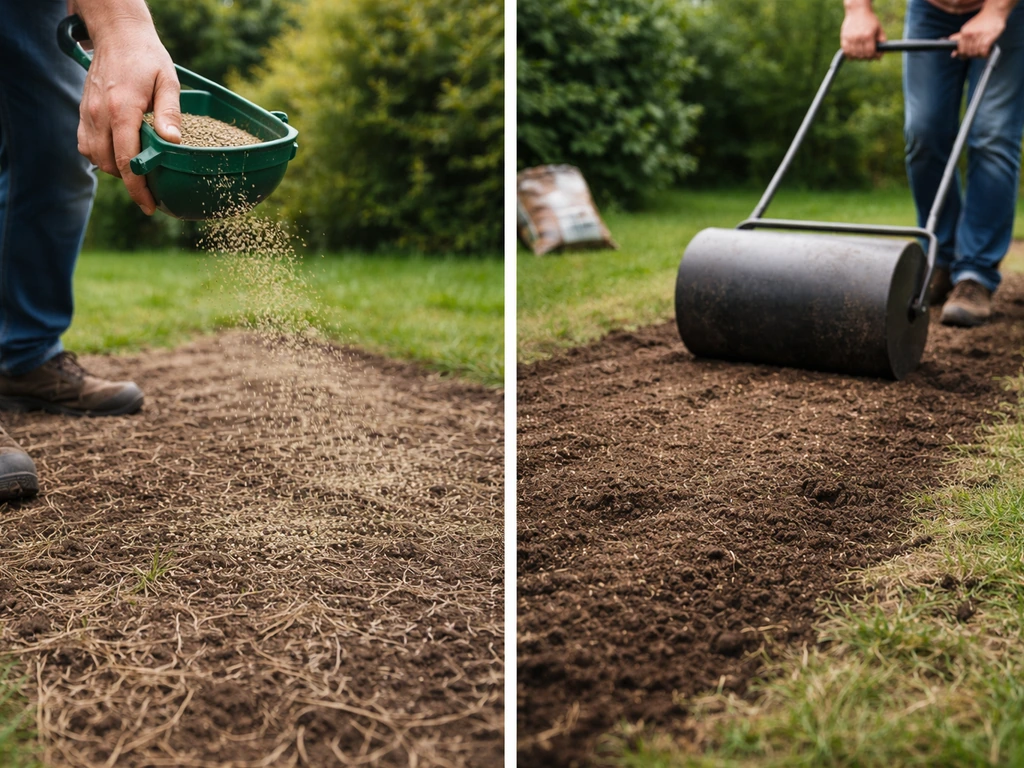 Iemand strooit gelijkmatig gazonzaad uit op een herzaaide grasstrook en dekt het licht af.