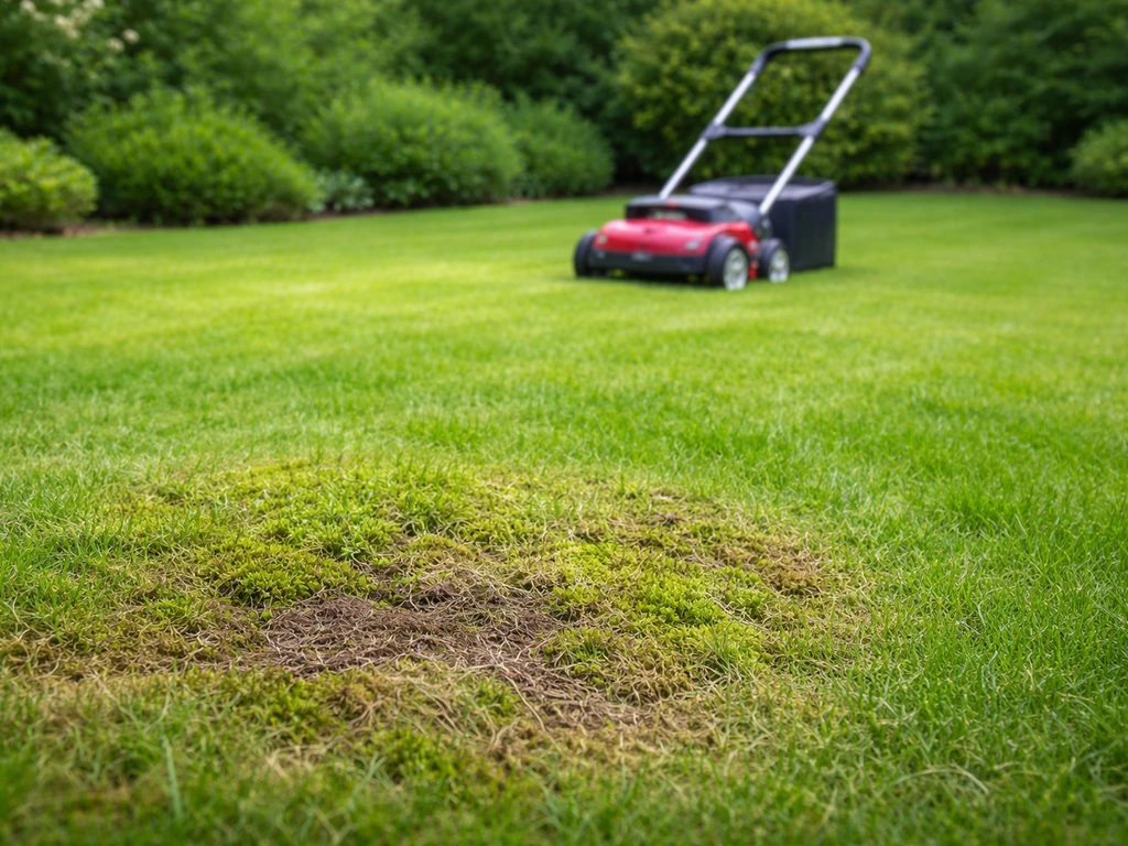 Verzorgd Nederlands gazon met zichtbare mosplekken en een verticuteermachine op de achtergrond