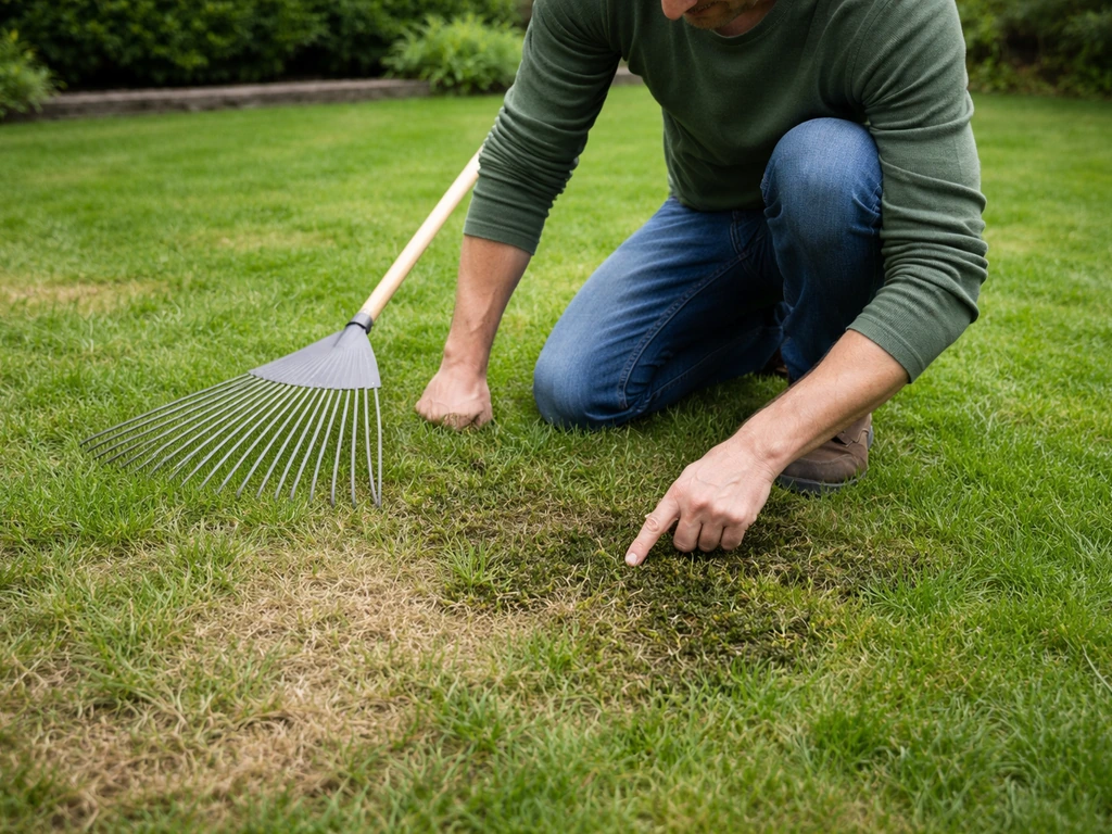 Tuinman knielt bij een gazon met zichtbare mos- en viltplekken, gereedschap klaar voor controle vóór het verticuteren.