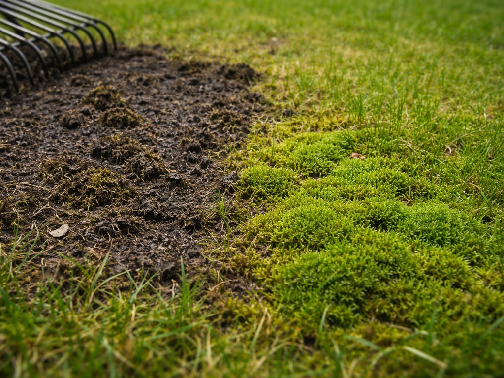 Gazontuin met mosplekken: zwarte dode randen die los te harken zijn naast nog groen mos.