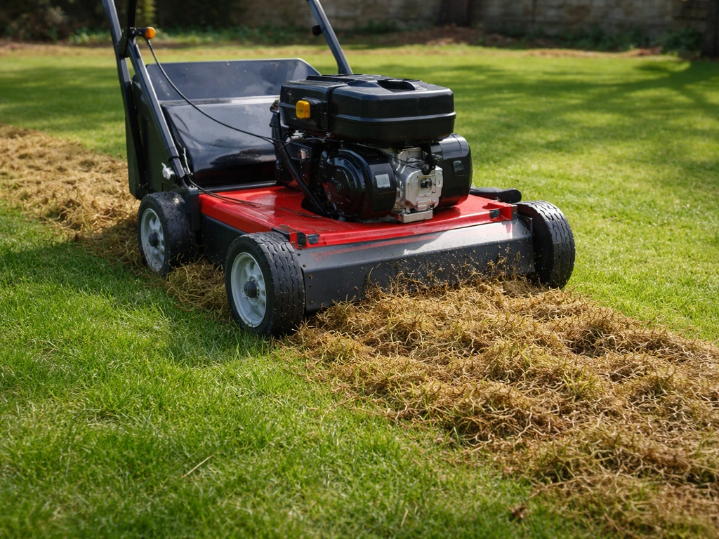 Verticuteermachine die vilt en mos losmaakt op een groen gazon, met zichtbare werkzone.