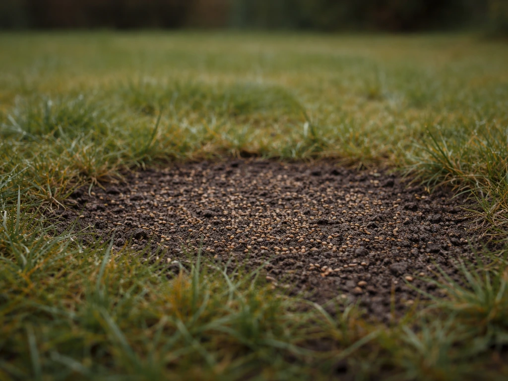 Groen gazon met zichtbaar nieuw ingezaaid oppervlak, begin najaar, dichtbij de grond en regenachtige sfeer.