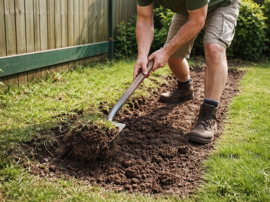 Tuinier steekt met steekspade onkruid en gras weg; kale grond en losse aarde zichtbaar in een tuinbed.