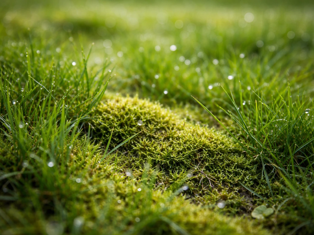 Close-up van voorjaar-gazon met mosrandjes tussen het gras, licht en fris in februari-april sfeer.