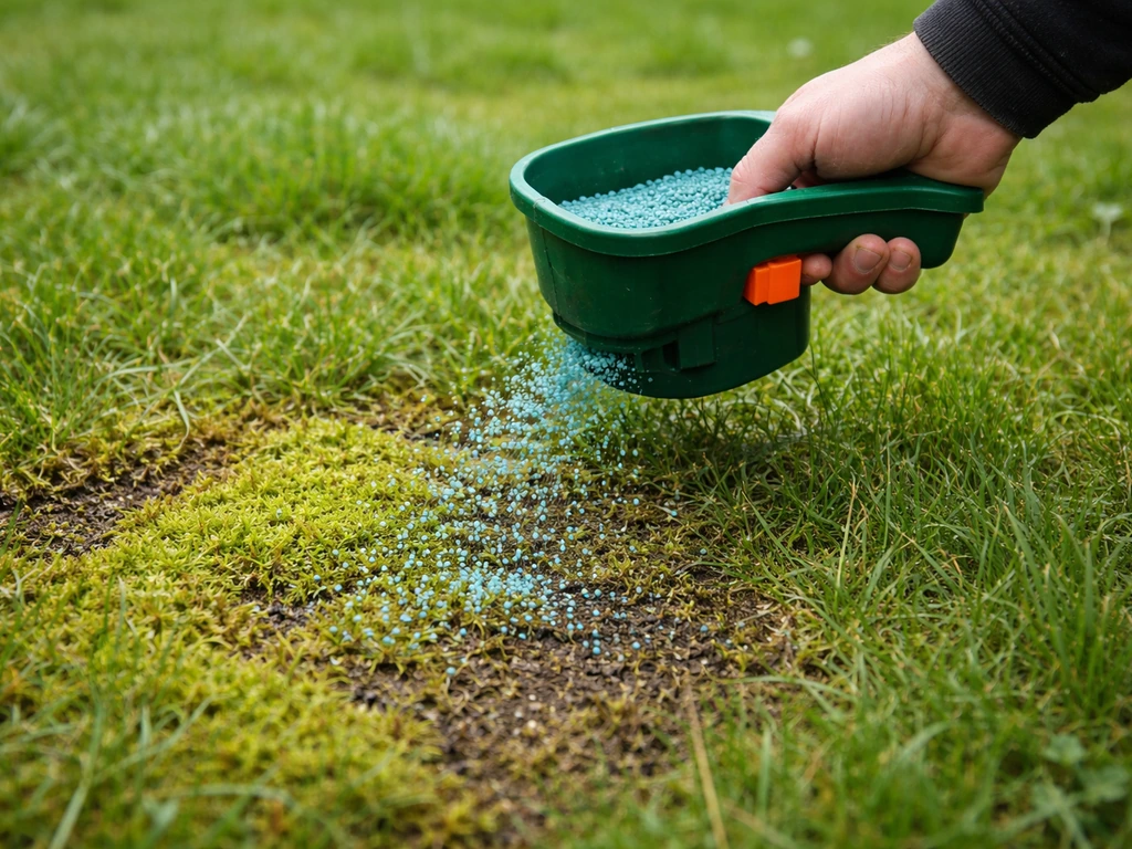 Handstrooier/ strooikorrels met ijzersulfaat over mosplekken op een gazon in Nederland