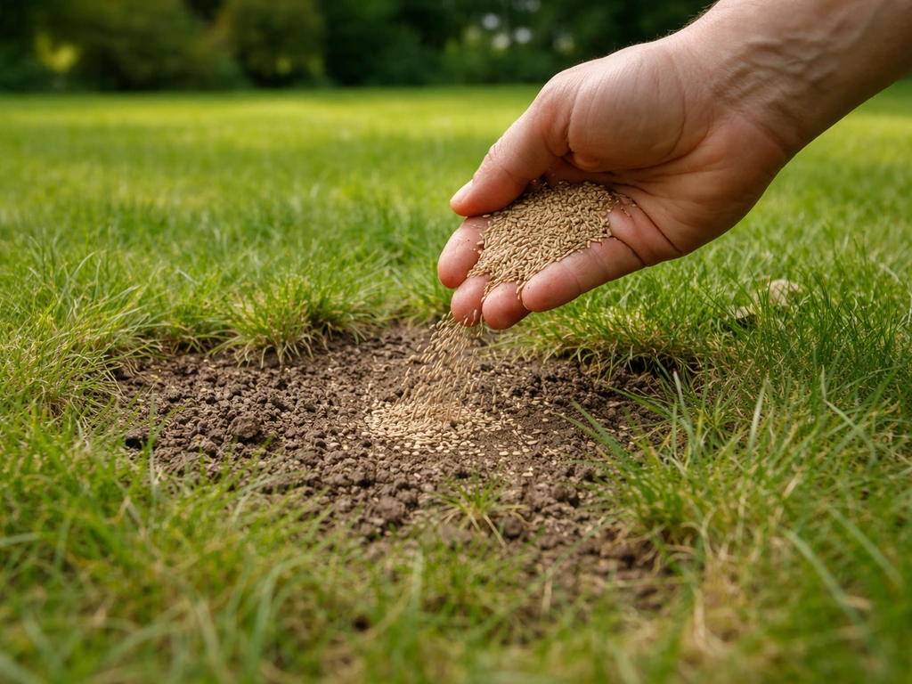 Hand die graszaad uitstrooit op kale plekken in een herstellend gazon na mosverwijdering
