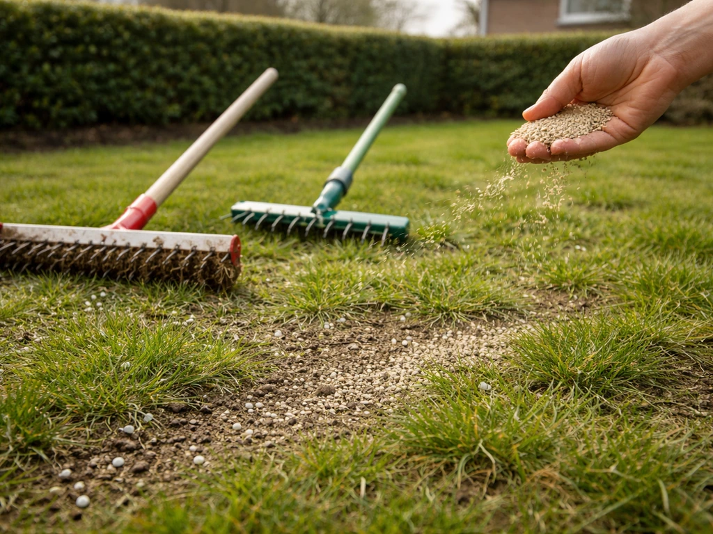 Voorjaar-gazon in NL met verticuteer- en beluchtingsgereedschap, mest en graszaad op het gras, zonder personen.