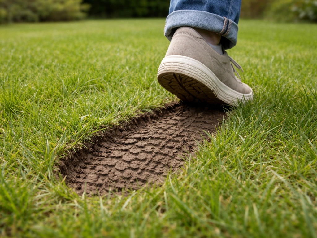 Iemand duwt een schoen in nat gras; duidelijke afdruk als basisbodemtest in de tuin.