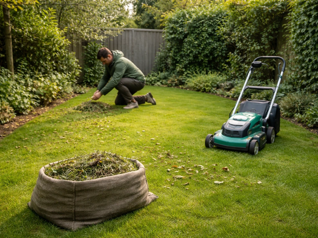 Kniegende tuinier harkt bladresten van het gazon; grasmaaier staat klaar voor de eerste maaibeurt.