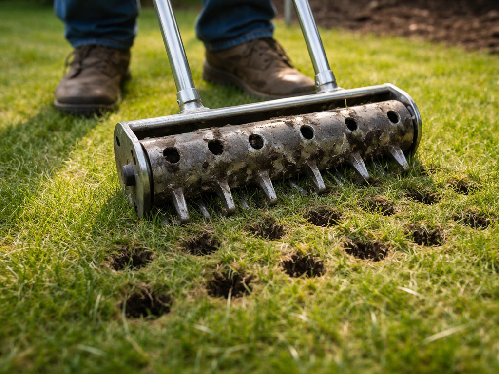 Tuinman maakt met grondprikker beluchtingsgaten in verdichte grasmat; duidelijke prikgaten zichtbaar