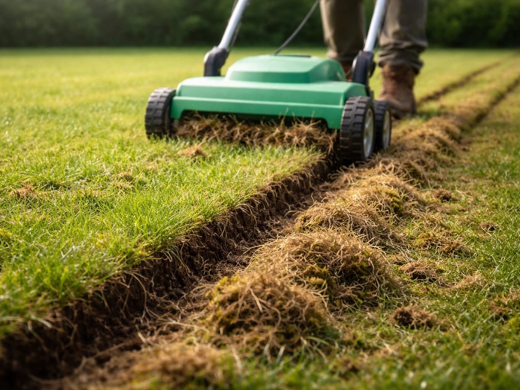 Verticuteerbeurt op een Nederlands gazon: verticuteerhark en losgemaakt vilt met zichtbare snede in het gras