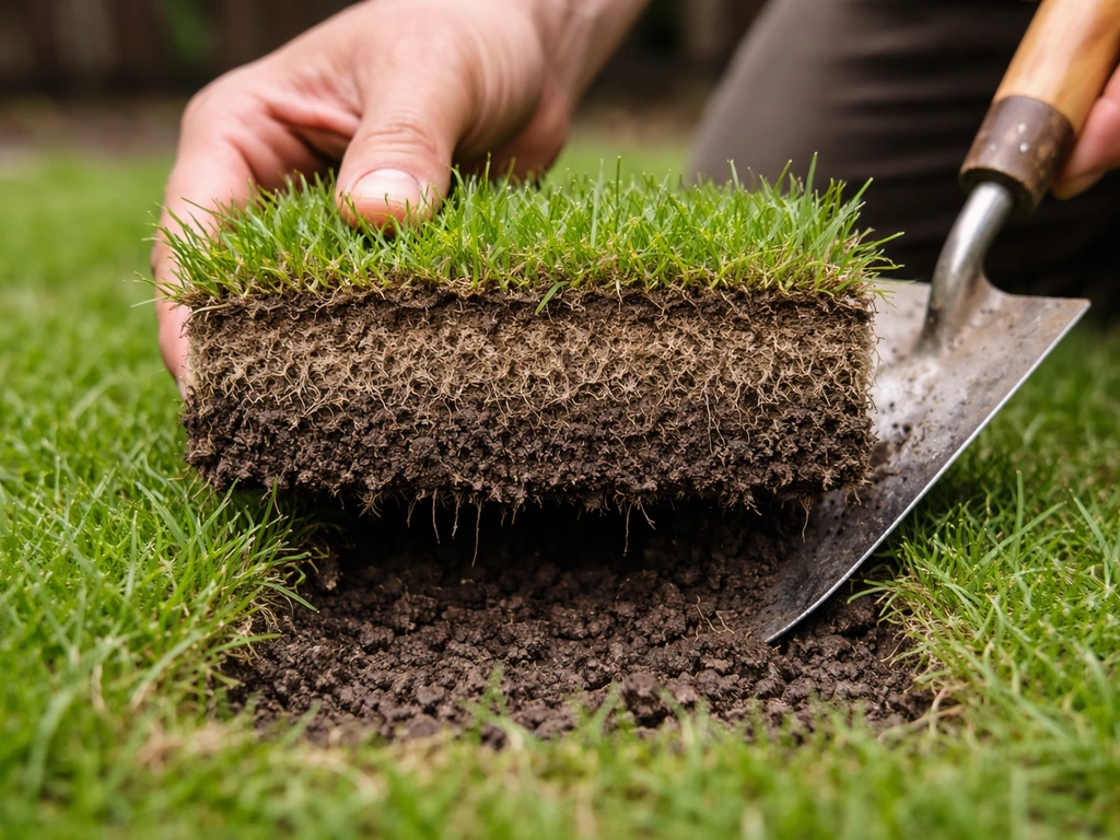 Hand met schep steekt een klein stukje gras uit; bruine/grijze viltlaag tussen grasmat en bodem zichtbaar.