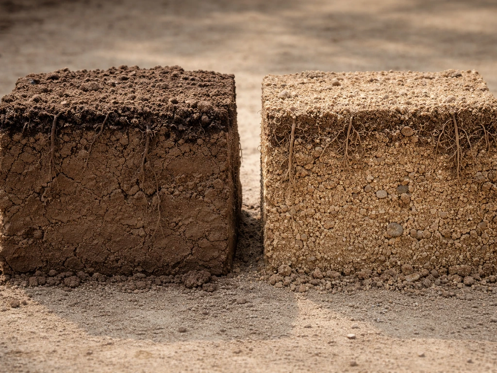 Vergelijking van twee bodemprofielen: links klei met compacte donkere structuur, rechts zand met lossere lichtere lagen.