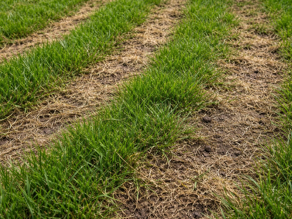 Close-up van beschadigd gazon met bruine strepen en een stuk nog groen gras, na te diep verticuteren