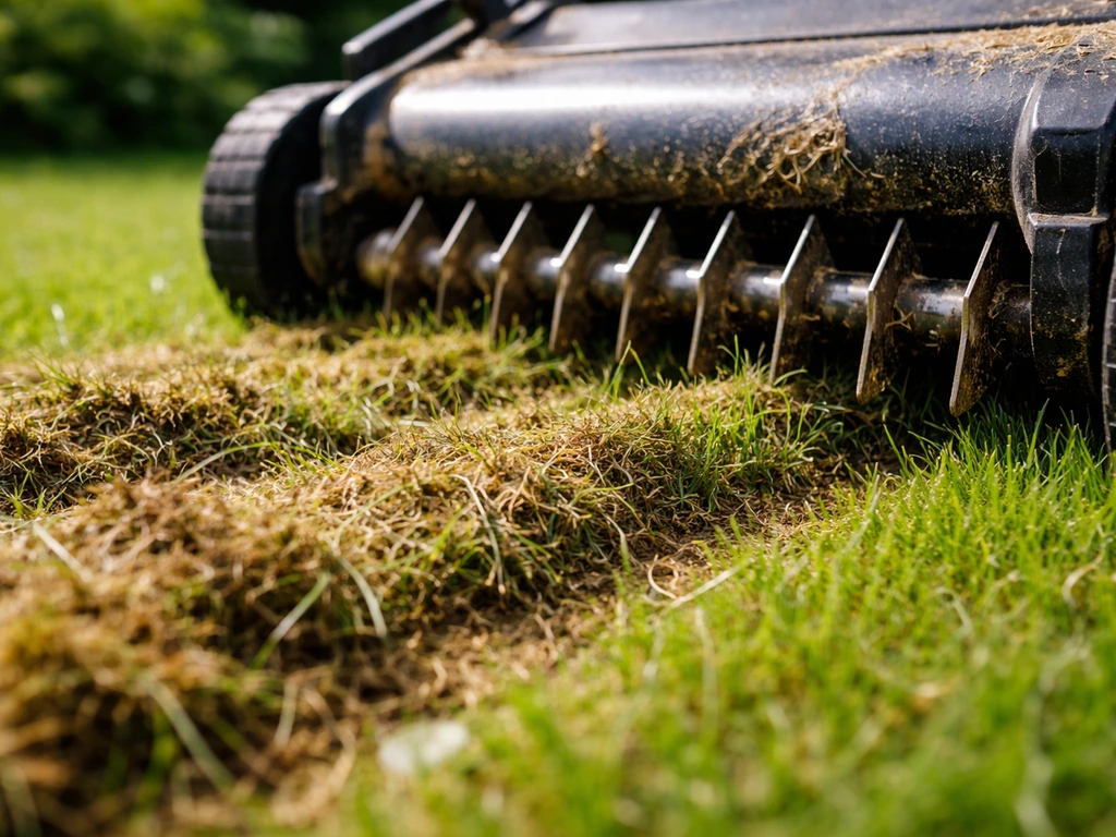 Zomerse close-up van een verticuteerrol die sneden maakt in een Nederlands gazon en vilt verwijdert.