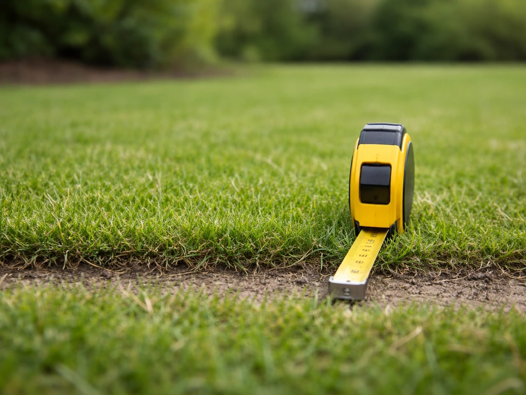 Gras dat is gemaaid tot ca. 3–4 cm met een meetlint naast het gazon, klaar om te verticuteren.