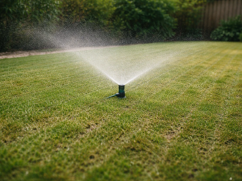 Een gazon met sproeier die gelijkmatig water geeft na het verticuteren, lichte grondvochtigheid, droog weer sfeer.