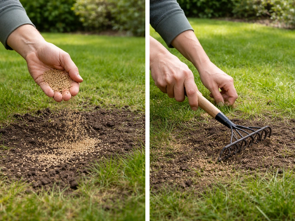 Handmatig doorzaaien van kale plekken in een gazon, met licht afdekken/aanharken en zaad op de grond.