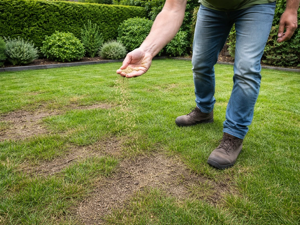 Anonieme tuinier strooit graszaad over een gazon met kale plekken in een Nederlandse tuin