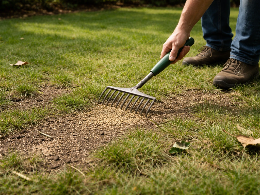 Close-up van een tuinhand die graszaad licht ingeharkt in een ijlere gazonstrook waar grond zichtbaar is.