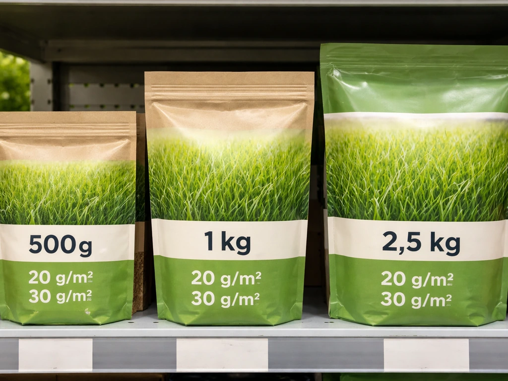 Close-up van verschillende graszaadverpakkingen in de winkel, met dosering voor 20 en 30 g/m² zichtbaar.