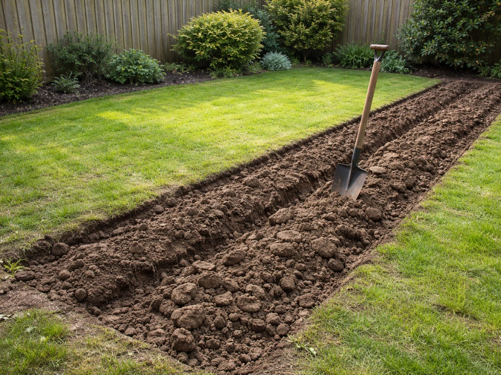 Achtertuin met omgespitte stroken grond langs een gazon, spade zichtbaar, klaar voor herstel in NL-achtige setting